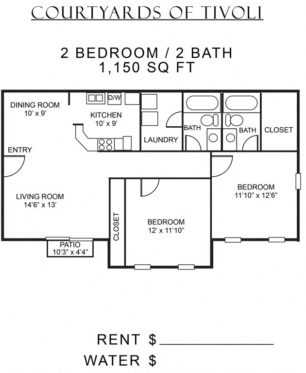 Floor plan for 2 beds, 2 baths, 1150 sqft